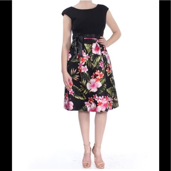 Women’s Formal Short Dress Sizes 14 16 Floral Fit & Flare Tie Waist Sangria Gown - Picture 7 of 8